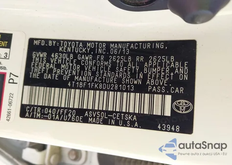 2013 Toyota Camry Se из США, поврежденный, VIN 4T1BF1FK8DU281013